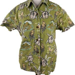 Jimmy Buffet Margaritaville Green Floral Birds Button Up Shirt Size Large